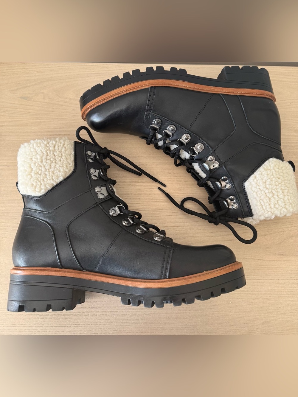 Marc Fisher Isabel Black  Leather Shearling Lace-Up Boots / Size 9